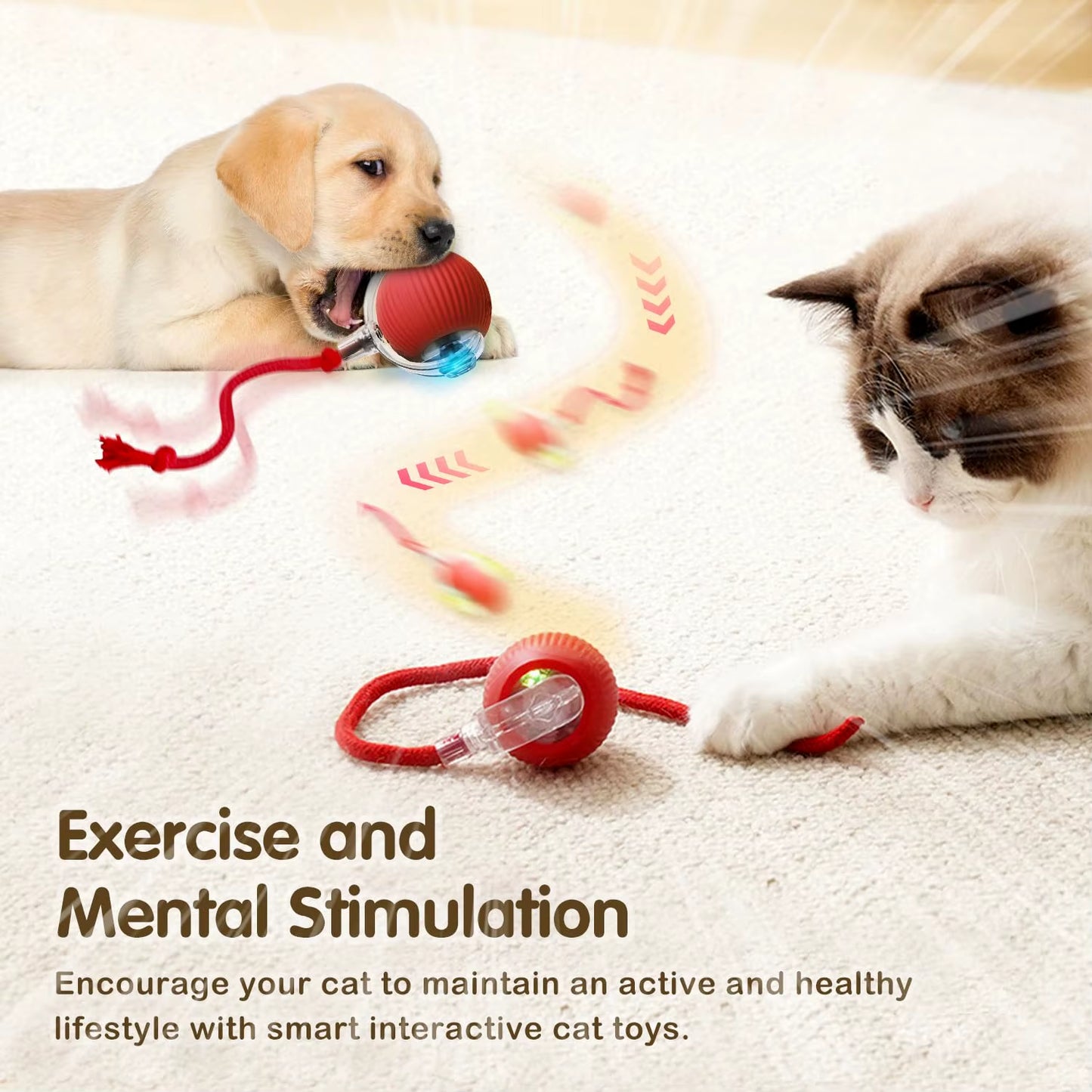 Smart Interactive Cat Ball Toy with Tail – USB Rechargeable, Motion Sensor, LED Light, & Dual Mode Play”
