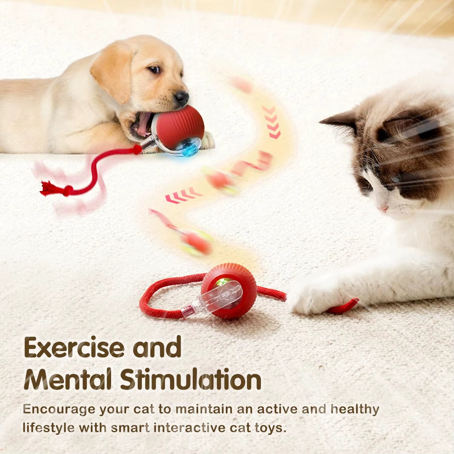 Smart Interactive Cat Ball Toy with Tail – USB Rechargeable, Motion Sensor, LED Light, & Dual Mode Play”