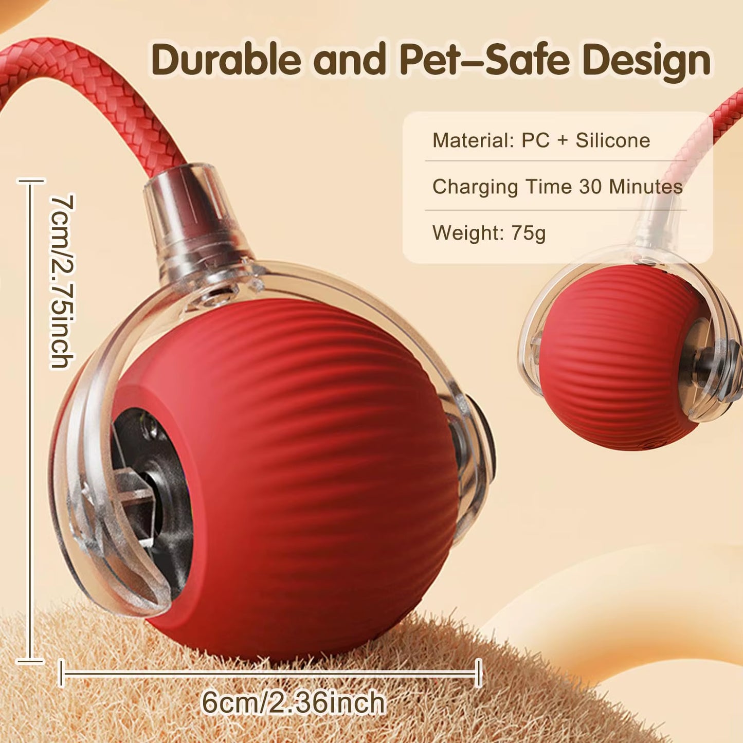 Smart Interactive Cat Ball Toy with Tail – USB Rechargeable, Motion Sensor, LED Light, & Dual Mode Play”